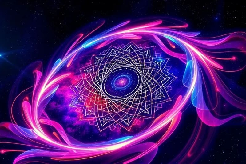 Vibrational Frequencies: The Fabric of Reality Abstract digital painting showing swirling, luminous lines of energy in vibrant colors, forming complex geometric patterns, symbolizing universal vibration and interconnectedness.