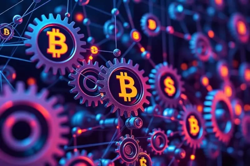 Representación 3D de engranajes y símbolos de dinero interconectados, simbolizando la monetización escalable