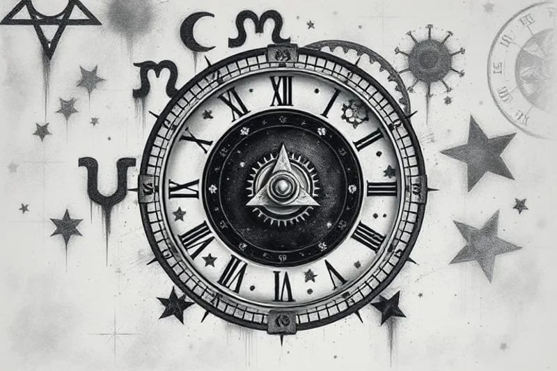Cosmic Justice: The Law of Karma Intricate 3D render of a cosmic clockwork mechanism with gears made of stardust, labeled 'Cause' and 'Effect', moving in perpetual motion within a star-filled void.