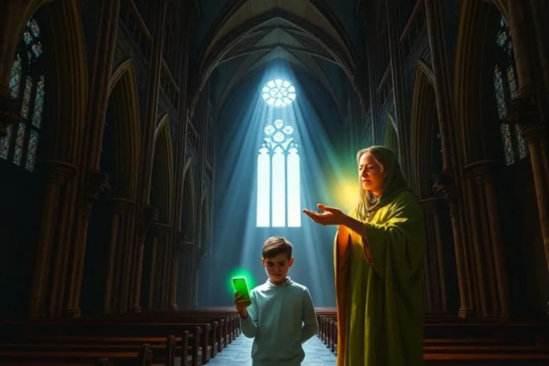 Pintura al óleo de una persona joven absorta en dispositivos digitales, con una figura santa ofreciendo consuelo y una salida de la adicción.