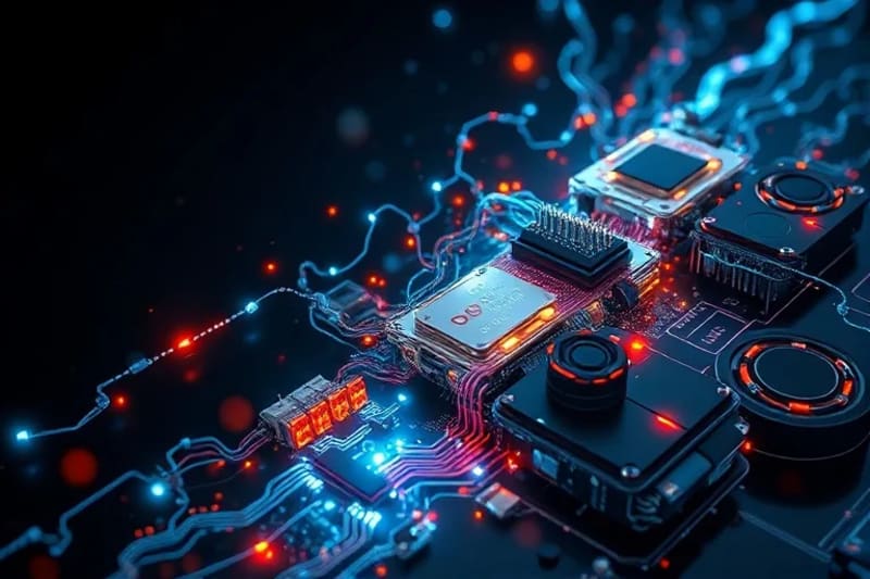 3D render of modular electronic components being reassembled, symbolizing repurposing
