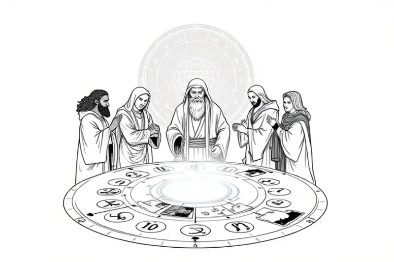 Diverse group of astrologers, ancient and modern, studying celestial charts together in a library setting.