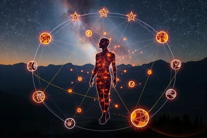Abstract representation of cosmic energies and interconnectedness, showing planetary influences on human life.