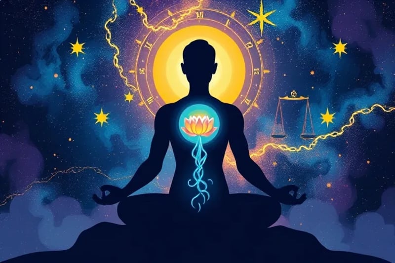 Silueta humana meditando con energías cósmicas y símbolos kármicos