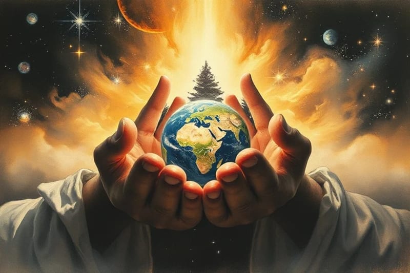 Manos sosteniendo un planeta Tierra brillante, simbolizando la protección y el cuidado humano de la creación.