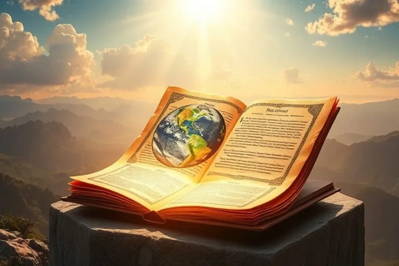 Ilustración digital de una Tierra restaurada a su estado prístino, con humanidad y naturaleza en armonía, guiadas por luz celestial.
