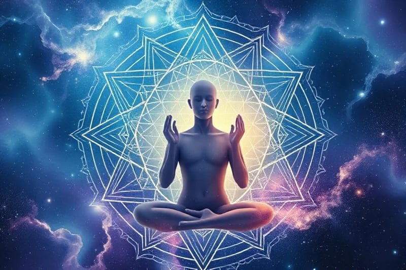Meditating figure surrounded by cosmic patterns
