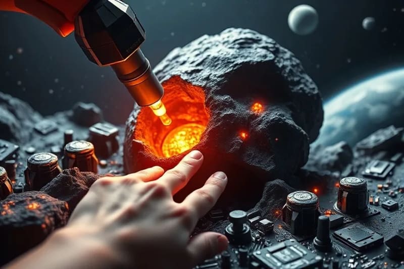 Taladro de minería extrayendo recursos de un asteroide, con una mano humana tocando un mineral brillante.