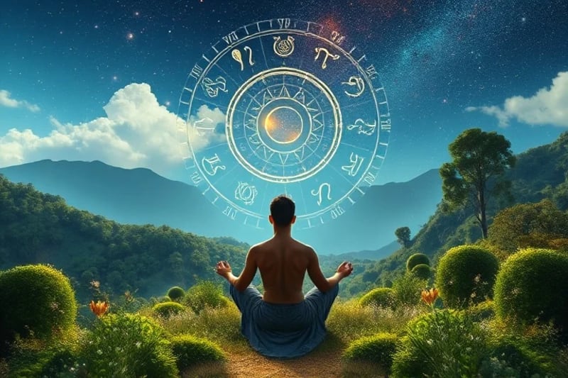 Persona meditando en jardín andino con carta natal integrada en el cielo, simbolizando conexión.