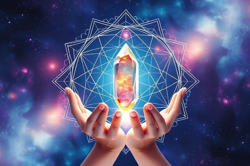 Hands holding a crystal, energy lines representing biofeedback and intuition.