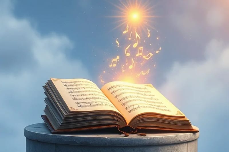 Notas musicales etéreas ascendiendo hacia la luz celestial