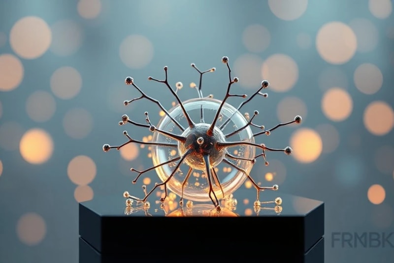 Glass sculpture of a neuron with digital shields, symbolizing protection from digital chaos.
