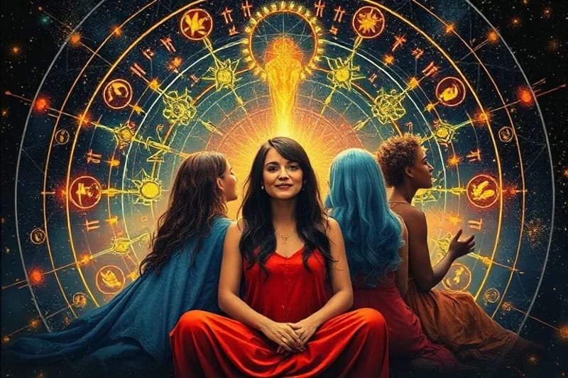 Diverse people practicing holistic wellness with astrological symbols