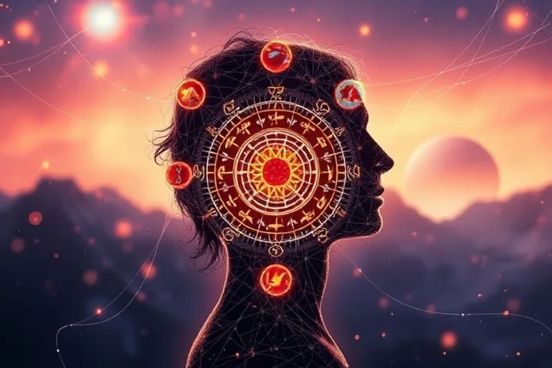 Holographic human body with astrological glyphs