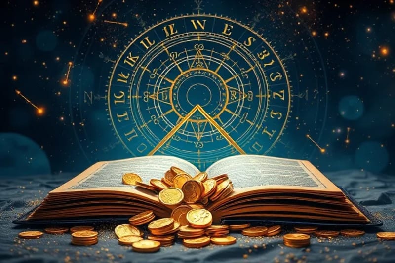 Cascada de monedas de oro y gemas preciosas que brotan de un libro antiguo