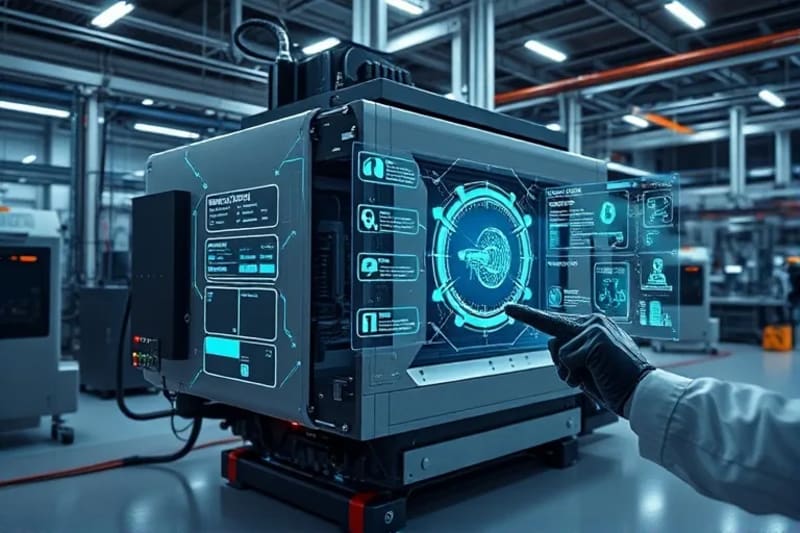 Técnico de mantenimiento utilizando realidad aumentada para ver datos de diagnóstico y guías de reparación superpuestas en una máquina industrial.