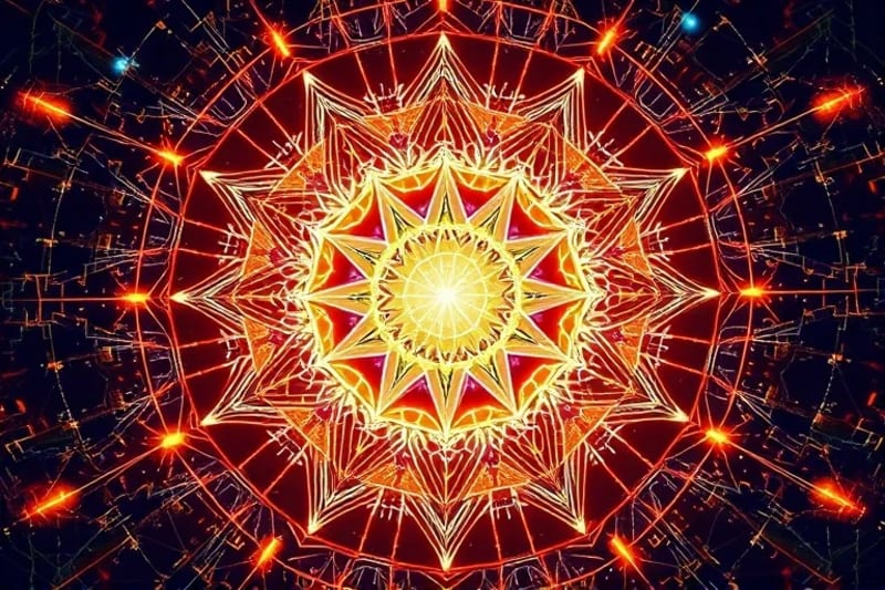 Abstract digital painting of a city's energetic grid with glowing lines and subtle spirit figures
