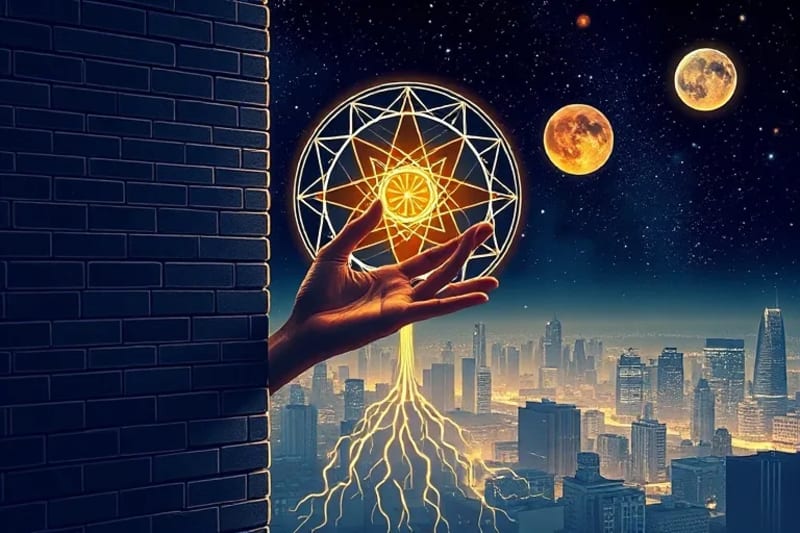 Vector art of a hand touching a brick wall with glowing roots, merging with a stylized city skyline and celestial bodies