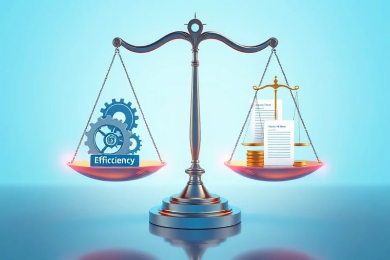 Abstract depiction of legal documents and data streams balancing on a scale, symbolizing ethical and legal considerations in AI