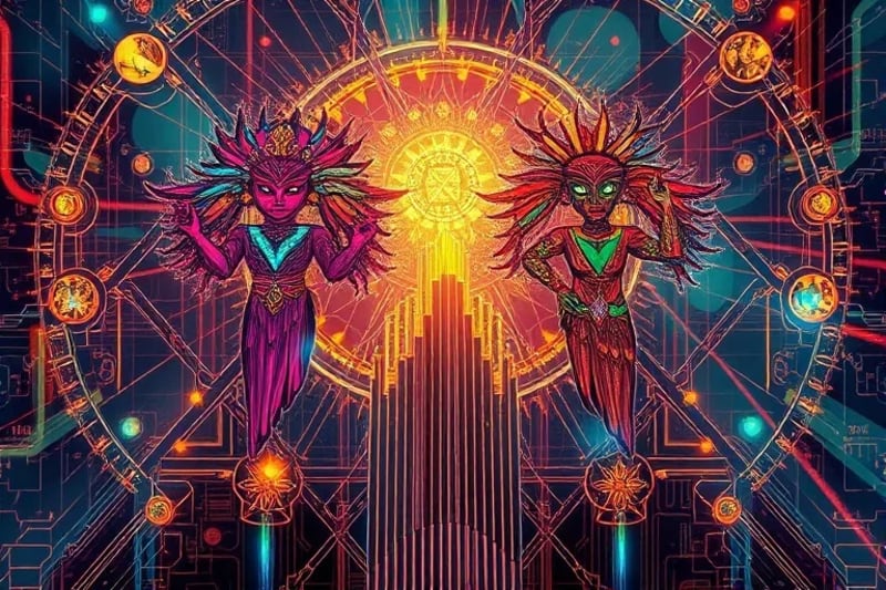 Abstract energy flows linking ancient totems and modern circuit boards, depicting interconnectedness.