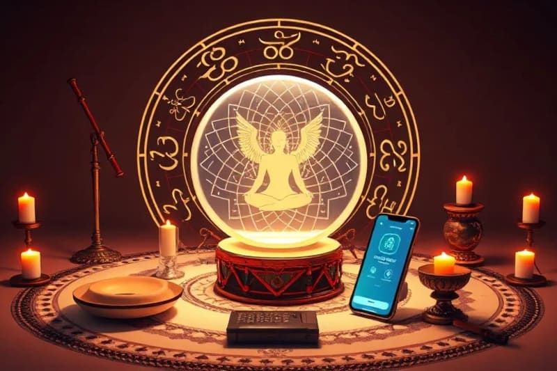 A glowing, translucent crystal ball reflecting a holographic projection of a tribal drum circle, placed on a futuristic altar with biofeedback sensors and a smartphone displaying a meditation app.