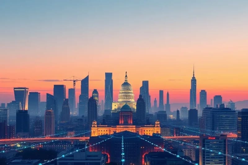 Digital painting of a futuristic city with glowing data streams, representing smart governance and AI integration