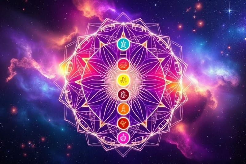 Ilustración detallada de los siete chakras con aceites esenciales específicos para cada uno