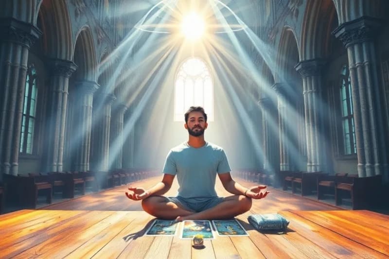 Pintura en acuarela de una persona meditando con cartas de tarot angélico, simbolizando la intuición y el discernimiento espiritual.