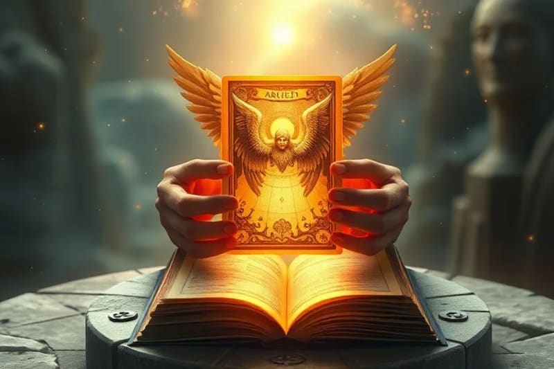 Ilustración digital de manos sosteniendo una carta de tarot angélico, con líneas de energía que conectan la carta a un reino celestial.