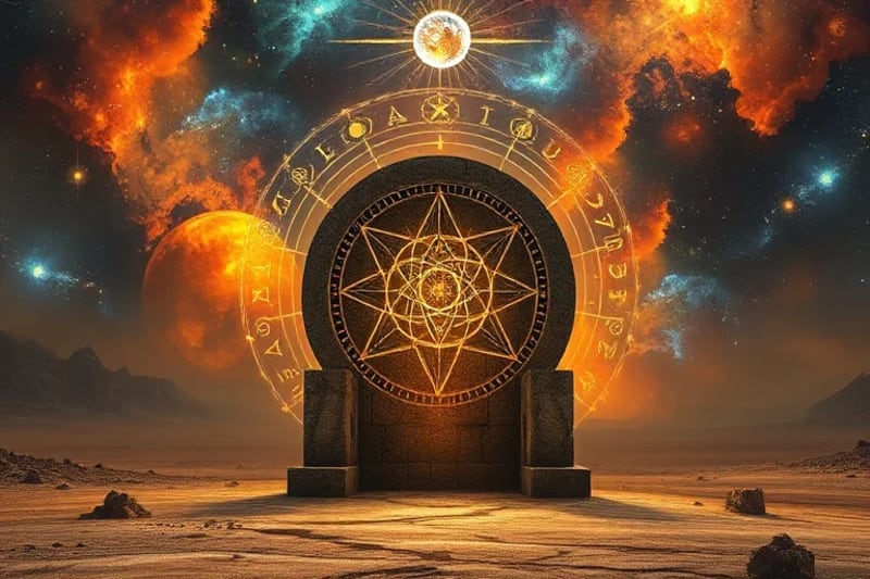 Antiguo oráculo de piedra bajo una rara alineación planetaria, simbolizando predicciones celestiales excepcionales.