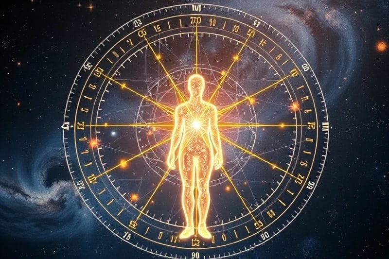 Patrones geométricos de luz y energía que fluyen, simbolizando el impacto sutil de los tránsitos cósmicos en la conciencia humana.