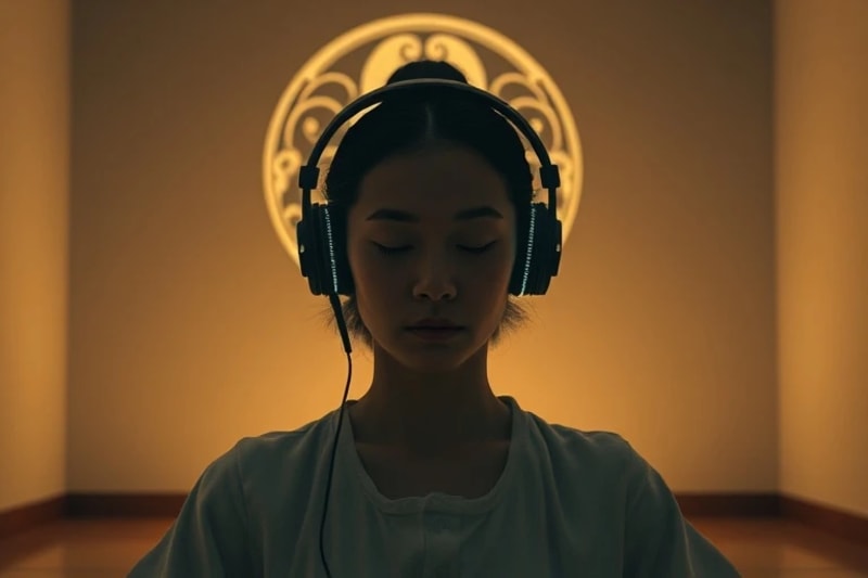 Haptic Meditation for Enhanced Focus Person meditating with haptic feedback devices, serene atmosphere.