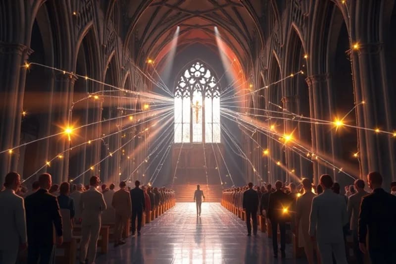 Grupo de personas diversas conectadas por hilos de luz, simbolizando la superación del aislamiento