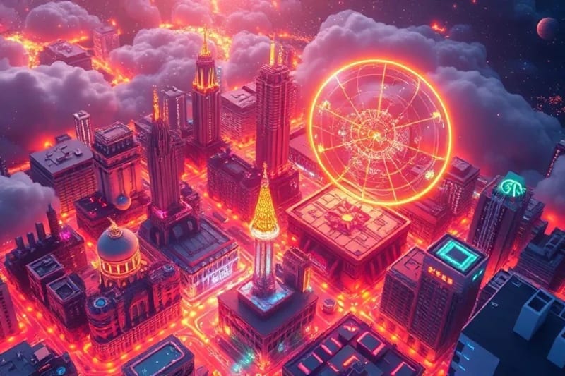 City grid with cosmic energy connections