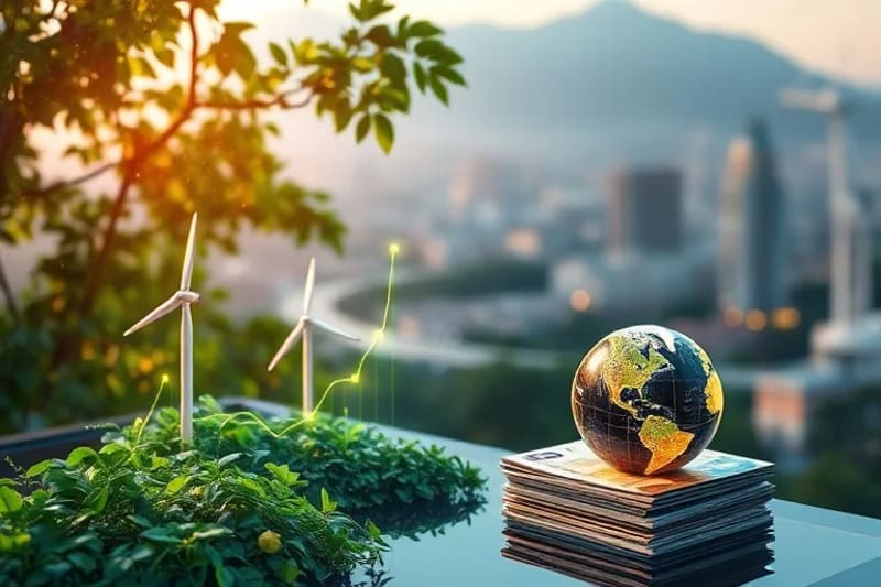 Gráfico financiero ascendente entrelazado con follaje verde y una turbina eólica, con monedas de mercados emergentes
