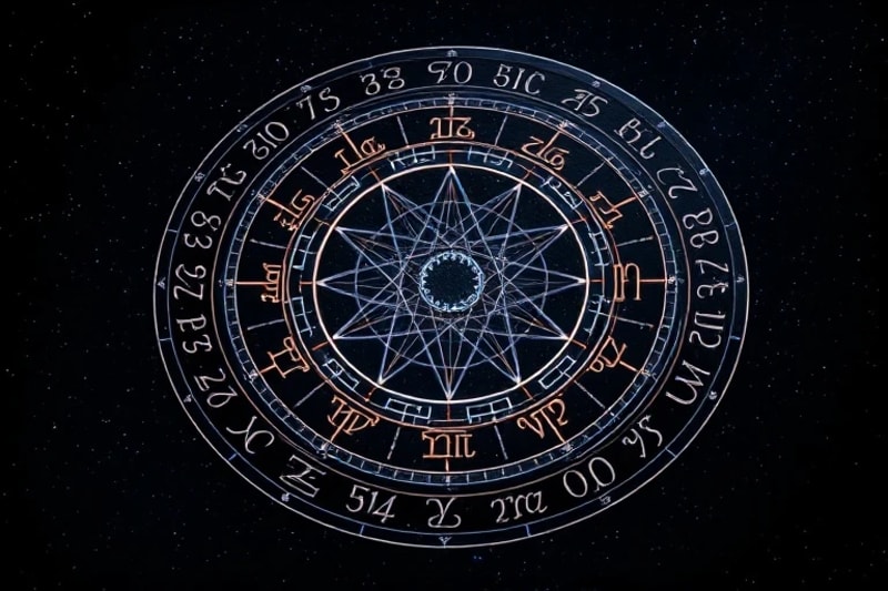 Render 3D de un círculo rúnico de obsidiana con símbolos planetarios