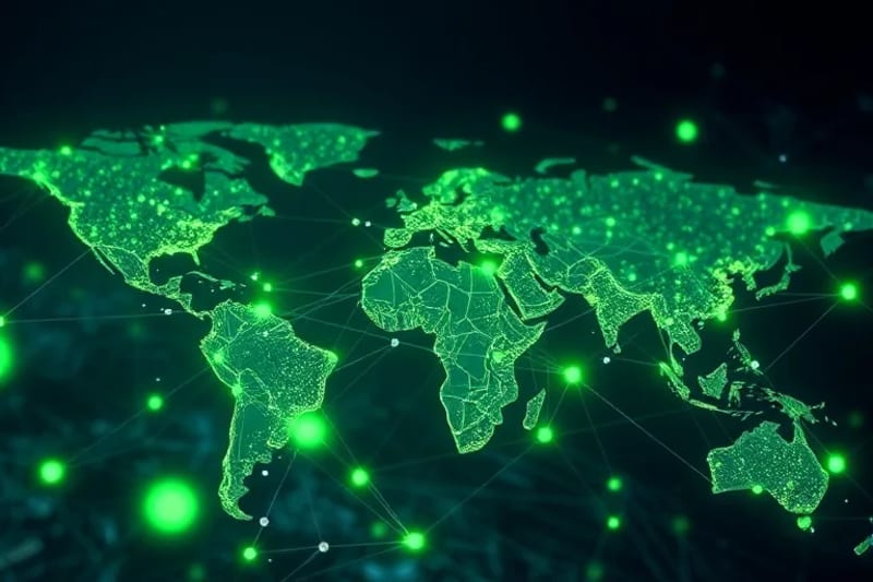 Red digital de nodos interconectados con luces verdes, representando flujos financieros sostenibles y energías renovables