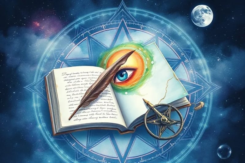 Watercolor painting of an open journal, a feather quill, a glowing eye, and a compass, in muted blues and purples