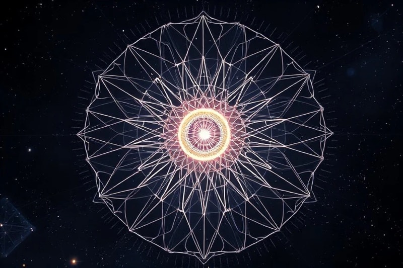 Abstract 3D render of glowing, interconnected lines forming an organic network, emanating from a central pulsating orb in a cosmic void