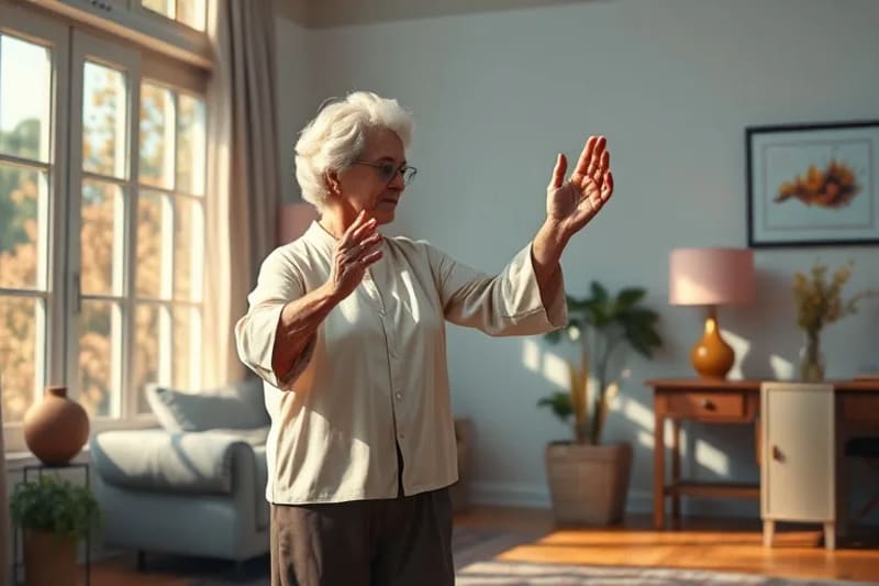 Anciana meditando en un hogar inteligente con tecnología de salud integrada