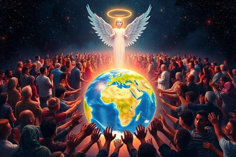 Personas de diversas culturas unidas en un gesto de paz bajo la luz de seres celestiales