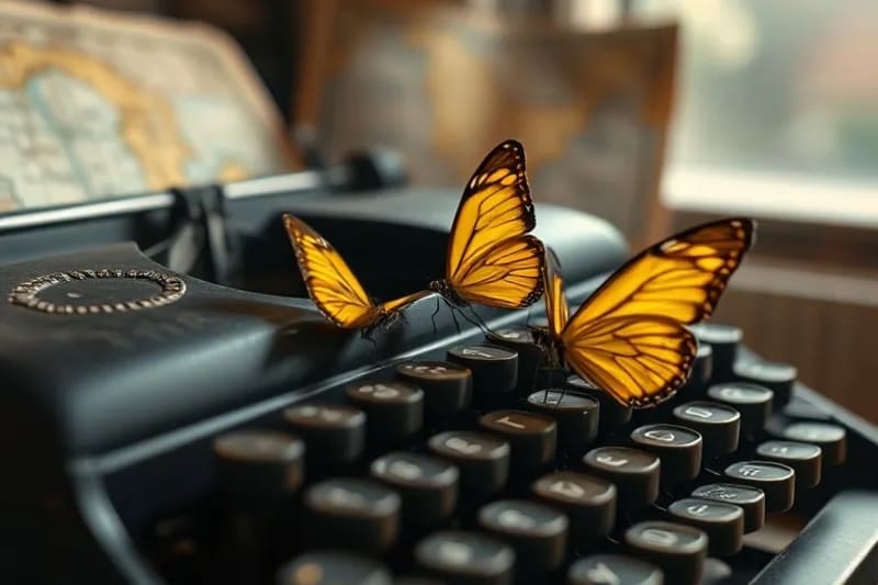 Bodegón conceptual de una máquina de escribir antigua con mariposas amarillas, simbolizando la creación literaria y el realismo mágico.