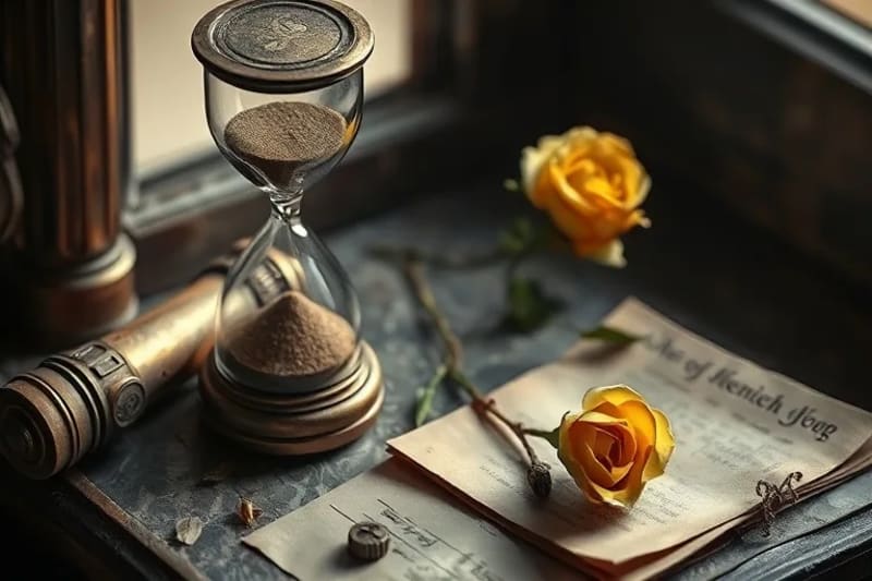 Bodegón conceptual de un reloj de arena junto a pergaminos y una rosa marchita, simbolizando el paso del tiempo y la memoria.
