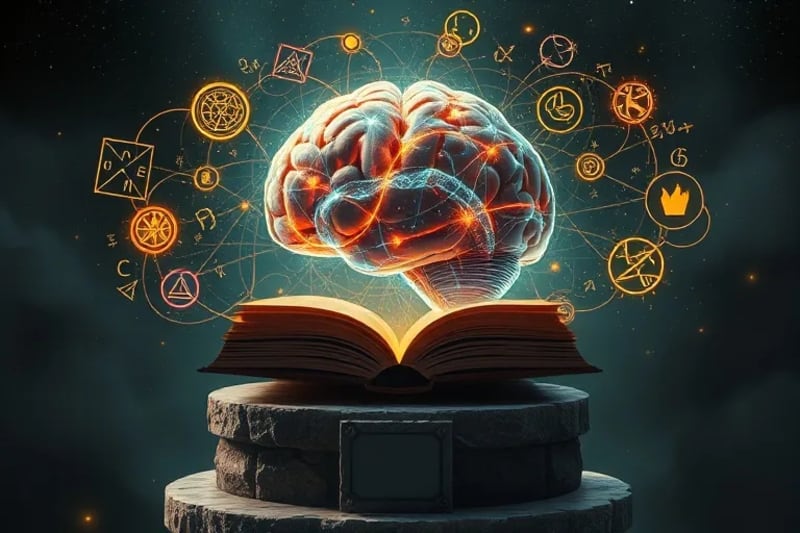 Cerebro estilizado emitiendo ondas de luz y energía, conectado a una red cósmica con símbolos espirituales y ecuaciones