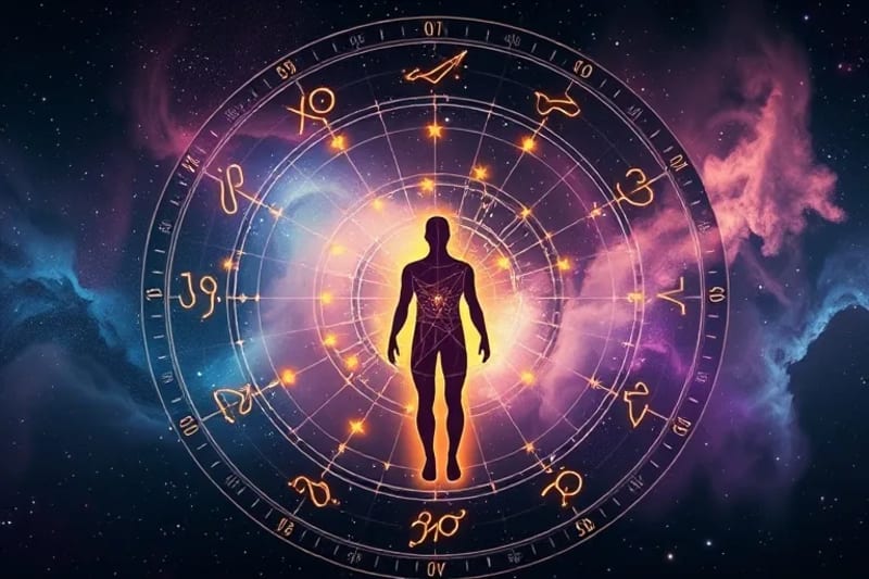Representación abstracta de una carta natal con puntos de luz luminosos interconectados a una silueta humana, simbolizando la influencia cósmica personal.
