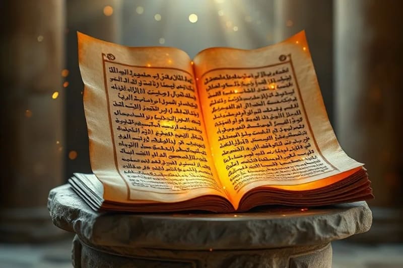 Pergamino antiguo revelando escritura caligráfica luminosa, rodeado de partículas de luz y patrones fractales