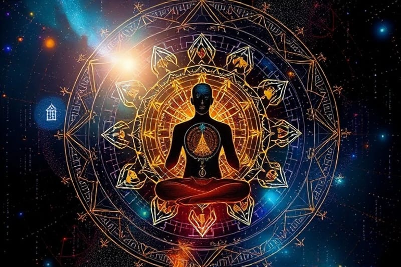 Meditating person surrounded by holographic dream symbols and data streams