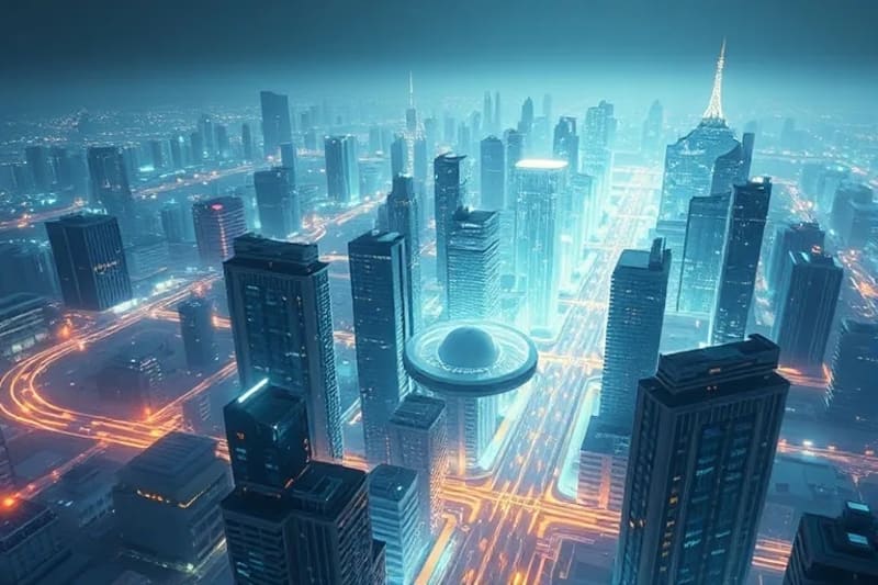 Visión futurista de una ciudad inteligente donde la ética de la IA impulsa el desarrollo sostenible y equitativo.