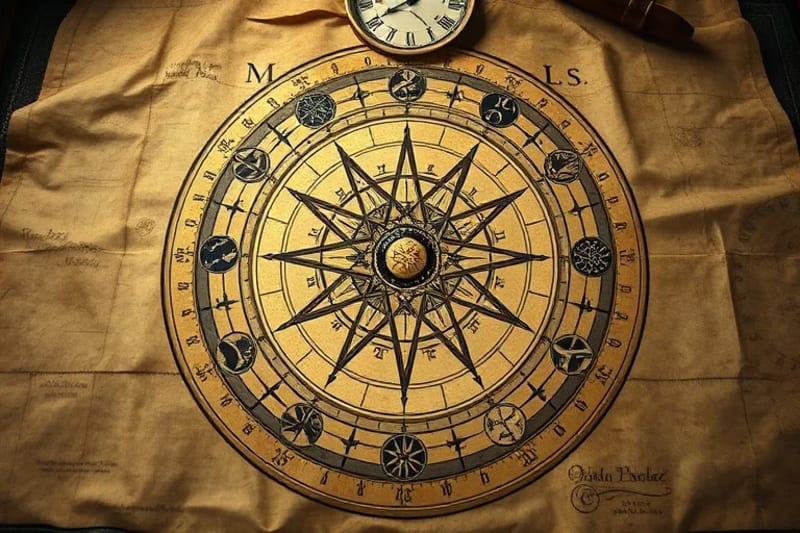 Ancient astrolabe on celestial map with karmic symbols