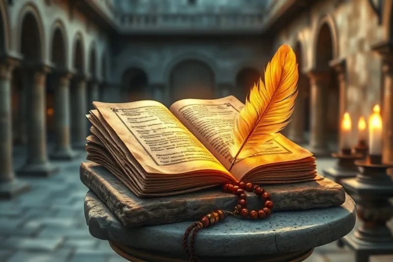 Bodegón conceptual con pergaminos antiguos, un rosario y una pluma luminosa, evocando la sabiduría espiritual y la presencia divina en un ambiente monástico sereno.